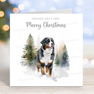 Carte de Noël bouvier bernois, carte de voeux « Joyeux Noël », scène d'hiver festive pour chien, 15 x 15 cm