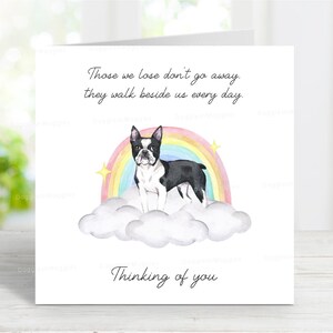 Cartão de simpatia Boston Terrier - Cartão de cachorro pensando em você - Citação sentimental de perda de cachorro - Cartão de cachorro Rainbow Bridge - 6" x 6"