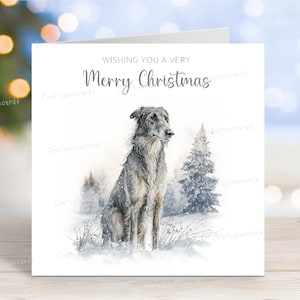 Tarjeta navideña de Deerhound, "Feliz Navidad", con escena invernal festiva, 15 x 15 cm
