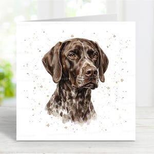 Biglietto d'auguri con immagine di un Bracco tedesco a pelo corto, per qualsiasi occasione: compleanno, ringraziamento, pronta guarigione, condoglianze, lutto per la perdita di un animale domestico, 15 x 15 cm, interno vuoto.