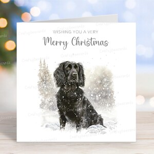 Englischer Springer Spaniel/Schwarzer Arbeits Cocker/Sprocker Weihnachtskarte, 'Frohe Weihnachten' Festliche Winterszene Hundegrußkarte, 6 "x 6"