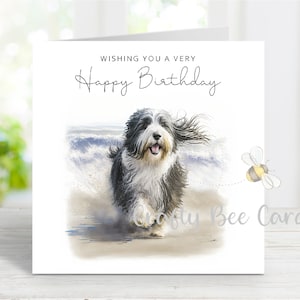 Verjaardagskaart Bearded Collie, leuke hondenwenskaart, mooie aquarel strandafbeelding, 6 x 6 inch blanco binnenkant