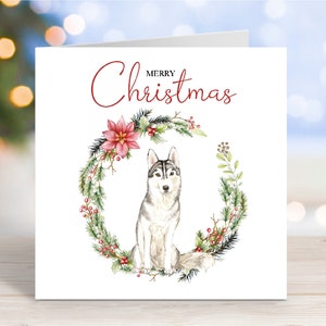 Carte de Noël husky sibérien, carte de voeux « Joyeux Noël », chien festif, 6 x 6 po
