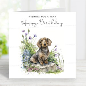 Carte d'anniversaire teckel (poil dur), belle carte de voeux de chien, jolie scène de jardin, 6 x 6 po, blanc à l'intérieur