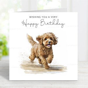 Carte d'anniversaire Cavapoo, belle carte de voeux de chien, scène de plage amusante, 6 x 6 po, blanc à l'intérieur
