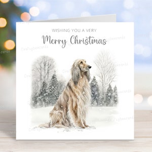 Carte de Noël lévrier afghan, carte de voeux « Joyeux Noël », chien festif, 6 x 6 po