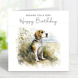 Beagle-verjaardagskaart, leuke hondenwenskaart, mooie aquarel strandafbeelding, 6 x 6 inch, blanco binnenkant