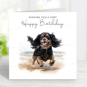 Carte d'anniversaire Cavalier King Charles Spaniel (noir et feu), belle carte de voeux de chien, scène de plage amusante, 6 x 6 po, blanc à l'intérieur