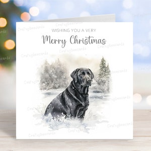 Carte de Noël Labrador Retriever (noir), carte de voeux de chien « Joyeux Noël », scène d'hiver festive, 6 x 6 po