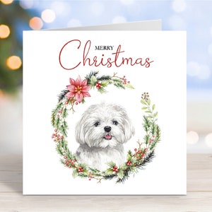 Tarjeta navideña de terrier maltés, "Feliz Navidad", 15 x 15 cm