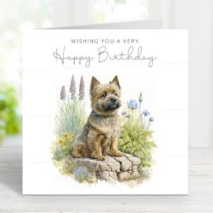 Carte d'anniversaire Cairn Terrier, jolie carte de voeux de chien, jolie scène de fleurs de jardin, 6 x 6 po, intérieur vierge, couleur blé