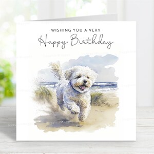 Verjaardagskaart Bichon Frisé, leuke hondenwenskaart, mooie aquarel strandafbeelding, 6 x 6 inch, blanco binnenkant