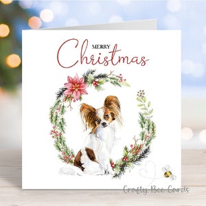 Papillon-kerstkaart, feestelijke hondenwenskaart 'Merry Christmas', 6 x 6 inch