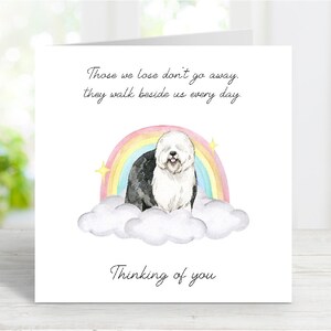 Cartão de simpatia Old English Sheepdog - Cartão de cachorro pensando em você - Citação sentimental de perda de cachorro - Cartão Rainbow Bridge - 6" x 6"