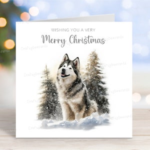 Carte de Noël Malamute d'Alaska, carte de voeux de chien « Joyeux Noël », scène d'hiver festive, 6 x 6 po