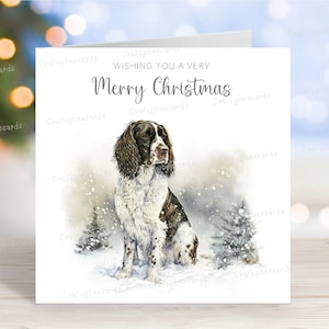 Englisch Springer Spaniel Weihnachtskarte, 'Frohe Weihnachten' Festliche Winterszene Hund Grußkarte, 6 "x 6"