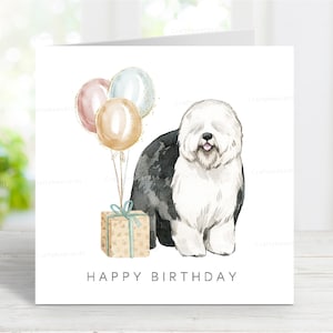 Tarjeta de cumpleaños de un antiguo pastor inglés, divertida tarjeta de felicitación, preciosa imagen de acuarela, 15 x 15 cm, interior en blanco.