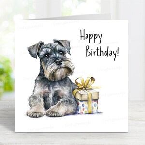 Tarjeta de cumpleaños de Schnauzer miniatura, adorable tarjeta de felicitación de perro, preciosa imagen de acuarela, 15 x 15 cm, interior en blanco