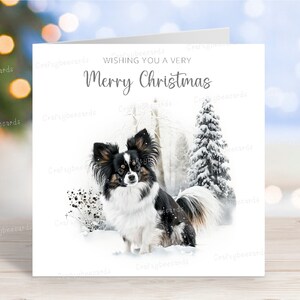 Papillon-kerstkaart, mooie feestelijke 'Merry Christmas' hondenwenskaart, leuke wintersneeuw, 6 x 6 inch, blanco binnenkant
