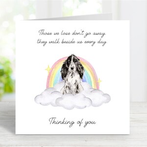 Tarjeta de condolencias para un Cocker Spaniel (Blue Roan) - Frase de "Pensando en ti" por la pérdida de un perro - Tarjeta Puente Arcoíris - 15 x 15 cm