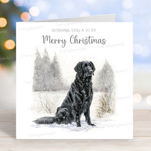 Flat Coated Retriever Weihnachtskarte, 'Frohe Weihnachten' Festliche Winter Motiv Hund, Grußkarte, 6 "x 6"