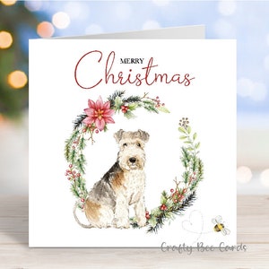 Tarjeta navideña con el nombre de Lakeland Terrier. Tarjeta de felicitación festiva con el mensaje "Feliz Navidad", 6" x 6"
