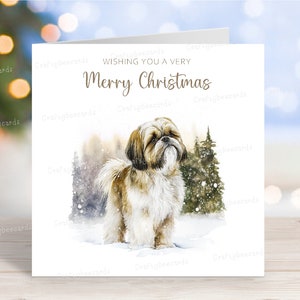 Carte de Noël Shih Tzu, belle carte de voeux festive pour chien « Joyeux Noël », scène de neige hivernale amusante, 6 x 6 po, blanc à l'intérieur
