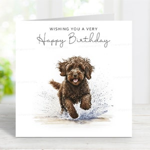 Carte d'anniversaire Cockapoo (brun), carte de voeux adorable chien, scène de plage amusante, 6 x 6 po, blanc à l'intérieur