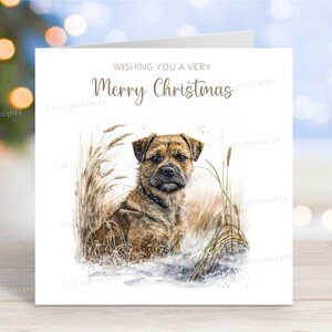Tarjeta navideña de Border Terrier, "Feliz Navidad", con escena invernal, 15 x 15 cm