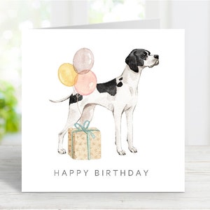 Tarjeta de cumpleaños de un pointer (negro/hígado/naranja). Divertida tarjeta de felicitación de perro. Preciosa imagen de acuarela. 15 x 15 cm. Interior en blanco.