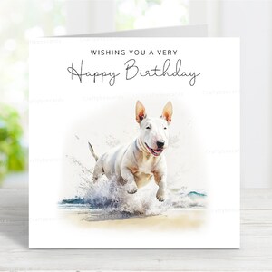 Bullterrier Geburtstagskarte, schöner Hund Grußkarte, lustige Strandszene, 6 "x 6", innen leer