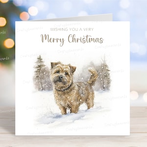 Tarjeta navideña de Norfolk Terrier, "Feliz Navidad", escena festiva de nieve invernal, tarjeta de felicitación para perros, 15 x 15 cm, interior en blanco