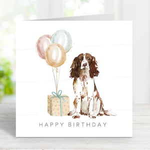 Englisch Springer Spaniel Geburtstagskarte (Leber & Weiß), Hund Grußkarten, reizendes Aquarellbild, 15,5 x 15 cm, innen leer