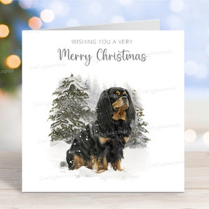 Carte de Noël Cavalier King Charles Spaniel (noir et feu), carte de voeux de chien « Joyeux Noël », scène d'hiver festive, 6 x 6 po