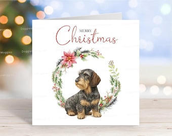Dachshund (Wire Haired) Christmas Card, 'Merry Christmas' Festive Dog Greetings Card, 6" x 6"