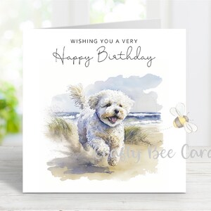 Carte d'anniversaire bichon frisé, carte de voeux amusante pour chien, belle image de plage aquarelle, 6 x 6 po, blanc à l'intérieur