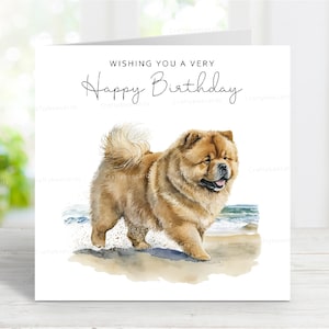 Carte d'anniversaire Chow Chow, belle carte de voeux de chien, scène de plage amusante, 6 x 6 po, blanc à l'intérieur