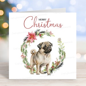 Carte de Noël carlin, carte de voeux « Joyeux Noël », chien festif, 6 x 6 po