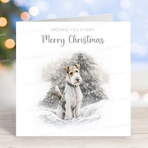 Carte de Noël Wire Fox Terrier, belle carte de voeux festive pour chien « Joyeux Noël », scène de neige amusante en hiver, 6 x 6 po, blanc à l'intérieur