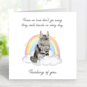 Tarjeta de condolencias para un gato Maine Coon (atigrado plateado) - Tarjeta "Gato pensando en ti" - Tarjeta sentimental por la pérdida de un gato - 15 x 15 cm