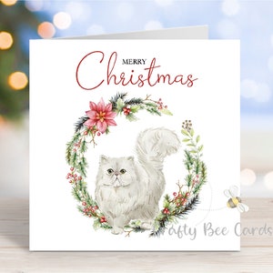 Cartão de Natal de gato persa branco, cartão de felicitações festivas "Feliz Natal", 6" x 6"