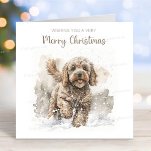 Tarjeta navideña de Cockapoo (marrón), "Feliz Navidad", con escena invernal festiva, 15 x 15 cm
