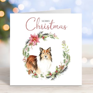 Carte de Noël chien de berger Shetland (sable/bleu merle/tri), « Joyeux Noël », carte de voeux festive pour chien sheltie, 6 x 6 po