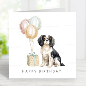 Verjaardagskaart Cavalier King Charles-spaniël (driekleur), wenskaart schattige hond, 6 x 6 inch, blanco binnenkant