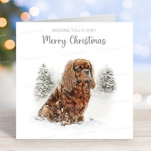 Cavalier King Charles Spaniel (Ruby) Christmas Card, Festive 'Merry Christmas' Winter Scene Dog Greetings Card, 6" x 6", Blank Inside