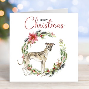 Carte de Noël Whippet, carte de voeux « Joyeux Noël », chien festif, 6 x 6 po