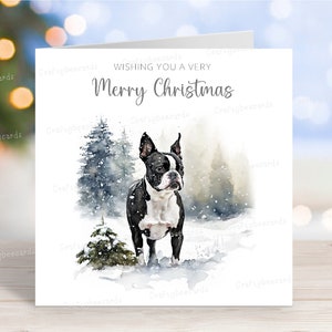 Weihnachtskarte Boston Terrier, schöne festliche 'Merry Christmas' Hund Grußkarte, lustige Winter-Schneeszene, 6 "x6", innen leer