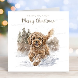 Carte de Noël Cavapoo, carte de voeux de chien « Joyeux Noël », scène d'hiver festive, 6 x 6 po