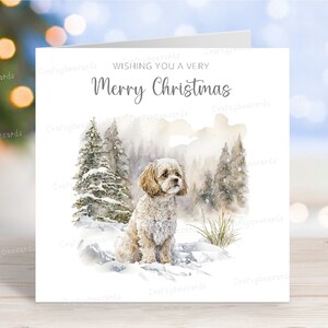 Carte de Noël Cavachon, belle carte de voeux festive pour chien « Joyeux Noël », scène de neige hivernale amusante, 6 x 6 po, blanc à l'intérieur