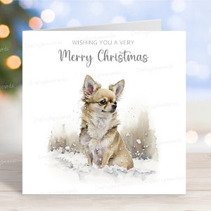 Carte de Noël Chihuahua (crème à poil long), belle carte de voeux festive pour chien « Joyeux Noël », scène de neige amusante en hiver, 6 x 6 po, blanc à l'intérieur